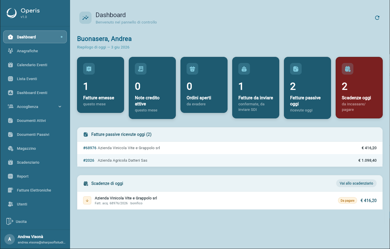 Dashboard del gestionale Operis